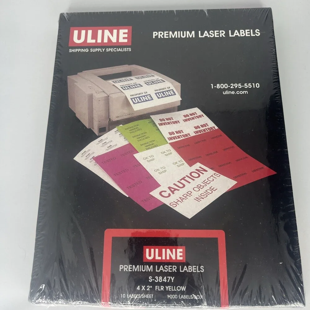 ULINE Premium Laser Labels Fluorescent Yellow S-3847Y - 1000 Labels 4” X 2”